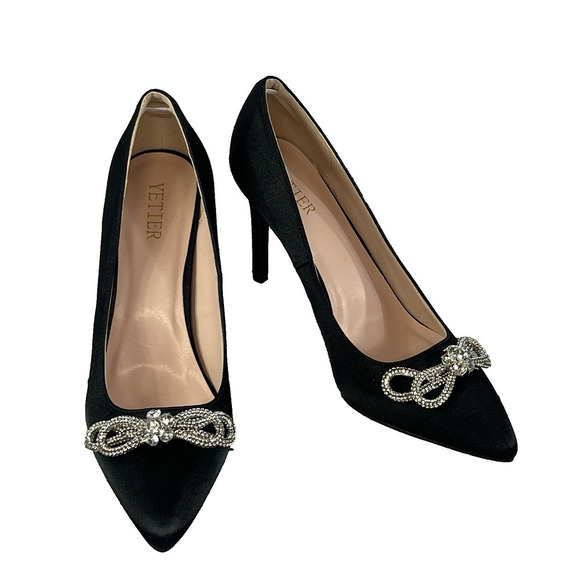 Yetier Heels Pumps Shoes size 10 Black Satin Faux Diamond Bow Cocktail Evening - Picture 1 of 12